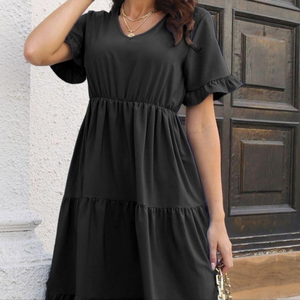 Black Ruffle Sleeve Midi Dress - Picture 3 of 9